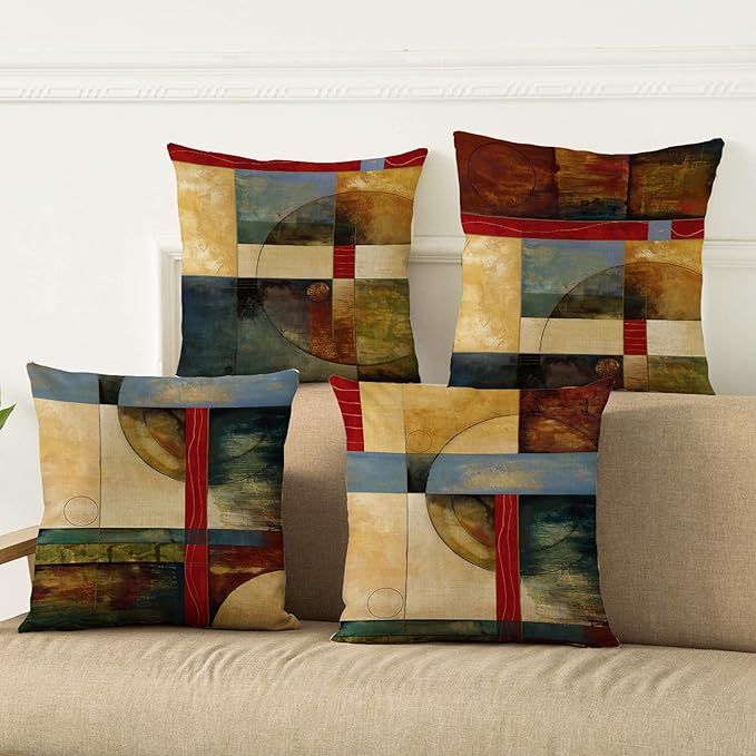 WOMHOPE Set of 4 Vintage Geometric Decorative Throw Pillow Covers Pillow Cases Cushion Cases 18 x 18 Inch for Living Room,Couch and Bed (Geometric)