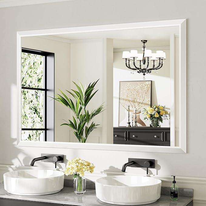 60x40 Inch White Bathroom Mirror for Wall, Thick Metal Framed Rectangle Mirrors for Over Sink, Bedroom, Living Room, Entryway, Anti-Rust, HD Tempered Glass
