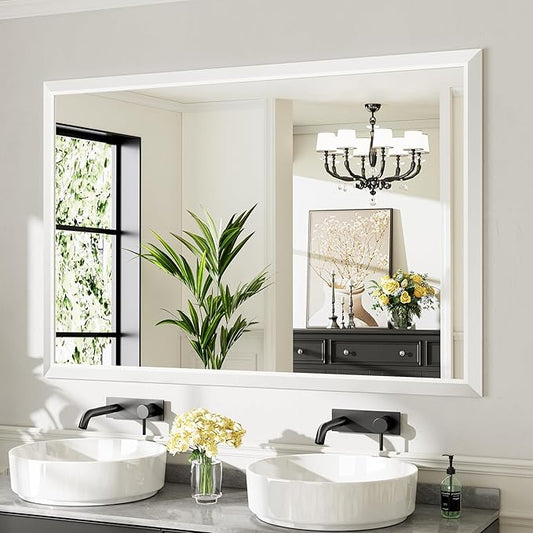 60x40 Inch White Bathroom Mirror for Wall, Thick Metal Framed Rectangle Mirrors for Over Sink, Bedroom, Living Room, Entryway, Anti-Rust, HD Tempered Glass