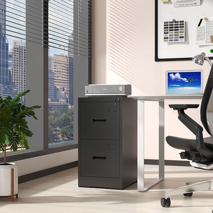 AQY 2 Drawer File Cabinet with Lock, Metal Black Filing Cabinet for Home Office, 18" Deep Heavy Duty Vertical Storage Cabinet for Hanging A4/Letter/Legal Size Files, Assembly Required