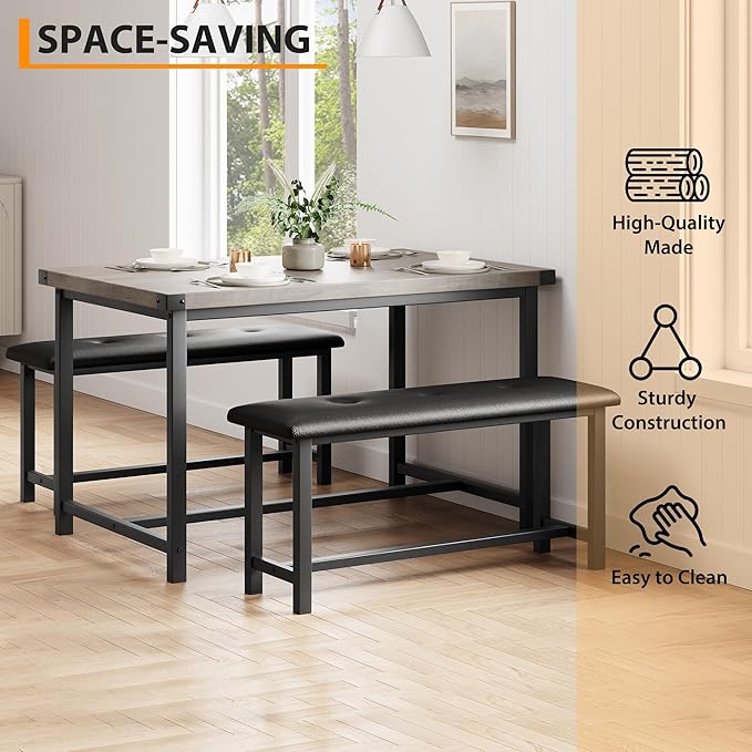 Dining Table Set for 4, Dining Room Table Set with 2 Upholstered Benches, Small Kitchen Table Set, 3 Piece Farmhouse Rectangular Dining Room Table Set, Space Saving Dining Table for Apartment