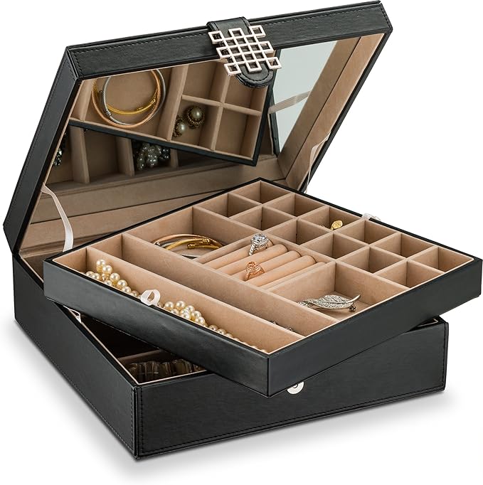 Co 28 Section Jewelry Box - 2 Layer - Buckle Snap & Magnet Closure - Large Mirror - Pu Leather - Black - Jewelry Organizer for Women & Girls - Holder for Earring Ring Necklace & Bracelet