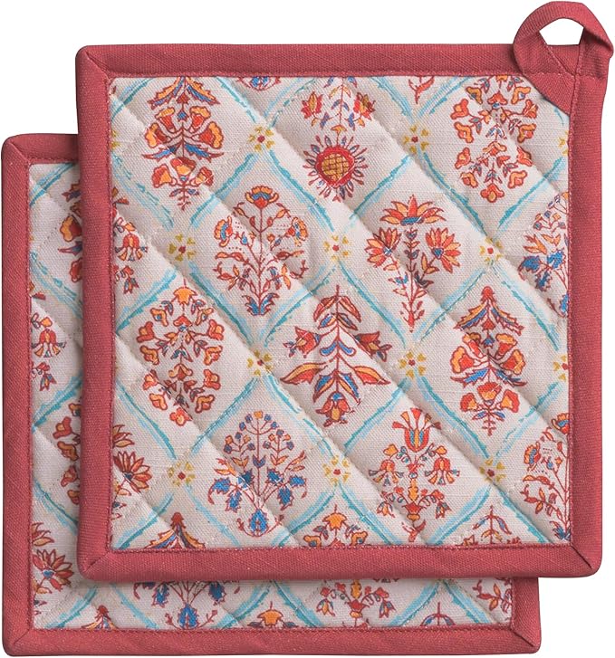 Maison d' Hermine Pot Holders Set 100% Cotton Heat Resistant Potholders 8" x 8" Hot Pads with Loop for Thanksgiving Christmas Decorations BBQ Cooking Baking Handling Hot Pans (Pack of 2, Romane)