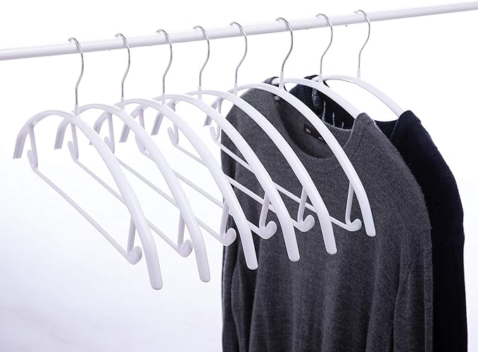 16.5 Inch White No Shoulder Bumps Non-Slip Rubber Coated Contour Metal Hanger, Sweater & T-Shirt Hanger with Pants Bar Pack of 10