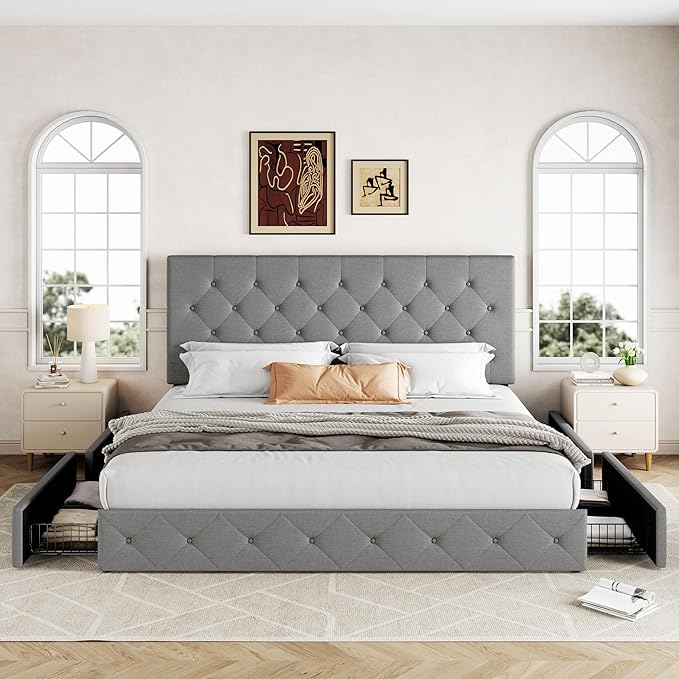 Allewie Upholstered King Size Platform Bed Frame with 4 Storage Drawers and Headboard, Diamond Stitched Button Tufted, Mattress Foundation with Wooden Slats Support, No Box Spring Needed, Light Grey
