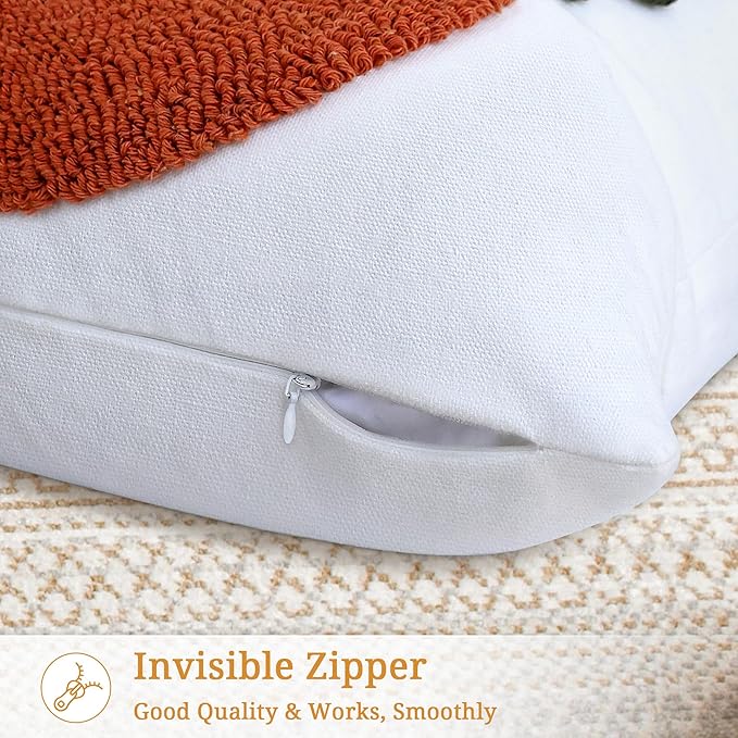 Boho Accent Pillow Covers 18x18- Tufted Abstract Modern Square Throw Pillow Covers, Farmhouse Decorative Pillowcase for Couch, Sofa, Bed, Living Room -Orange Beige Geometric Dark Green Leaf