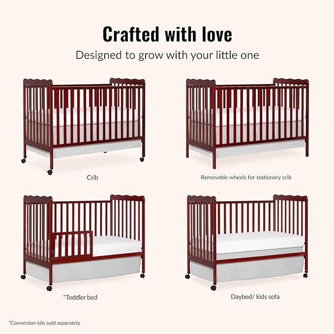 Dream On Me Carson Classic 3-in-1 Convertible Full-Size Baby Crib in Cherry, GreenGuard Gold & JPMA, 4 Mattress Heights, Converts to Day & Toddler Bed, Locking Wheels, Classic Nursery Design
