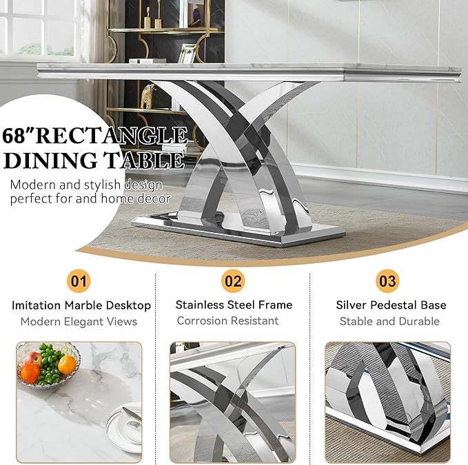 Modern White Marble Dining Table Set for 4,5-Piece Kitchen Table and Chairs for 4,Luxury Silver Dining Room Table Set w/68" Rectangle Dinner Table & 4 Grey Velvet Chairs for Kitchen Dining Room