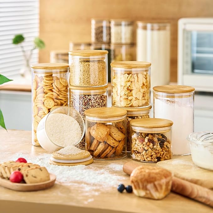 Extra Large Glass Flour and Sugar Storage Containers with Airtight Lid,132 floz x1 & 65 floz x1 [Set of 2] Big Glass Jars with Bamboo Lids, Air Tight Food Jar for Cereal, Pasta, Rice, Coffee