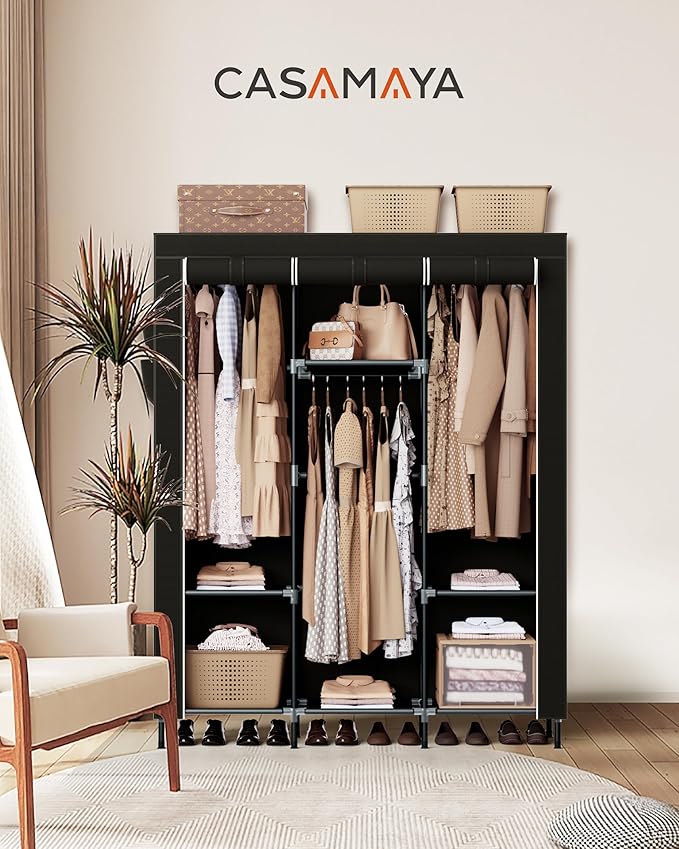 Portable Closet, 51.2 Inch Large Capacity Wardrobe Closet with Cover, Clothes Storage Organizer with Shelves and 3 Hanging Rods, Easy to Assembly, Black PCT203B01