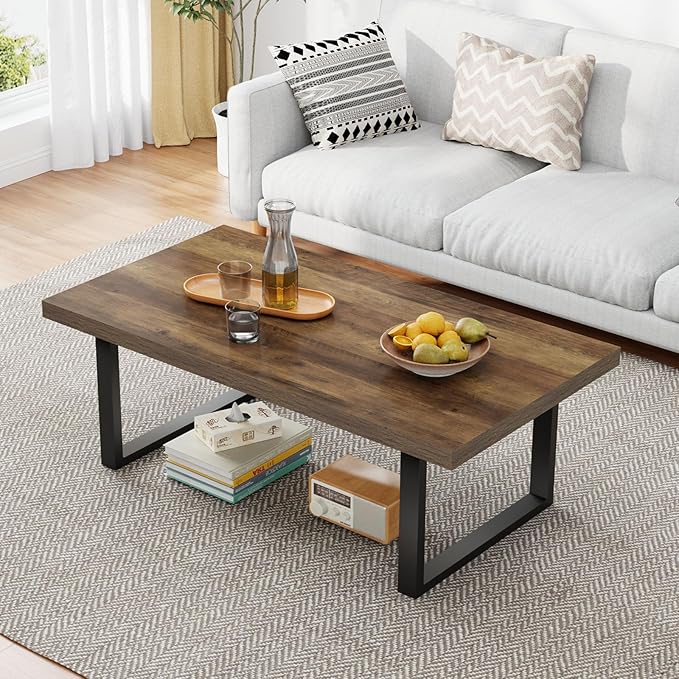 IBF Farmhouse Coffee Table, Modern Simple Wood Coffee Tables for Living Room, Industrial Minimalist Rectangle Center Table, Wood and Metal Tea Coffee Table for Home Office Bedroom, Rustic Oak, 39 in