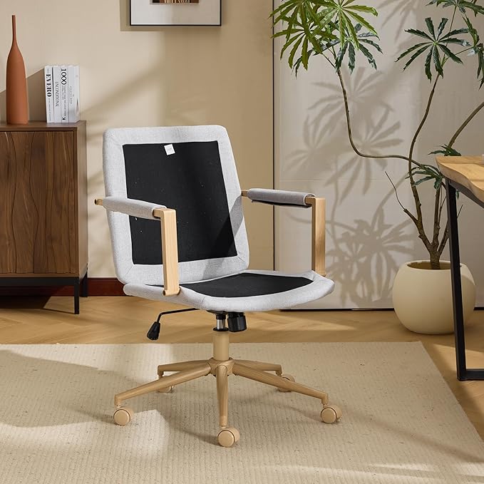 VINGLI Comfy Linen Office Desk Chair With Wheels &Detachable Cushions& Wood-like Armrests,Swivel Small Computer Task Chair,Adjustable for Girl Makeup Vanity,Teen/Kids Study,Nail Tech,Sewing,Light Grey