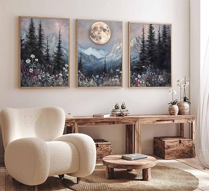 3Pcs Full Moon Forest Canvas Wall Art Vintage Moonlit Pine Tree Mountains and Wildflowers Woodland Nature Landscape Picture Wall Decor Poster Print Artwork for Bedroom Living Room Decor Unframed