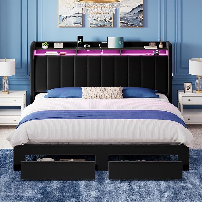 Allewie Velvet Vertical Tufted King Size Upholstered Platform Bed Frame with 2-Tier LED Storage Headboard & 2 Storage Drawers, USB & Type-C Charging Ports, Noise-Free/No Box Spring Needed, Black