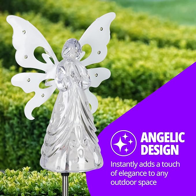 Exhart Garden Solar Lights, Decorative Angel Garden Stake, 13 LEDs, Cute Yard and Pathway Decor, White, 7 x 40 Inch