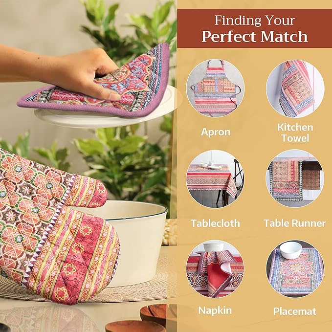Maison d' Hermine 100% Cotton Oven Mitt & Pot Holder Set (7.5"x13" & 8"x8") Heat Resistant BBQ Cooking Gloves with Loop for Thanksgiving Christmas Decorations Handling Hot Pans (Ispahan)