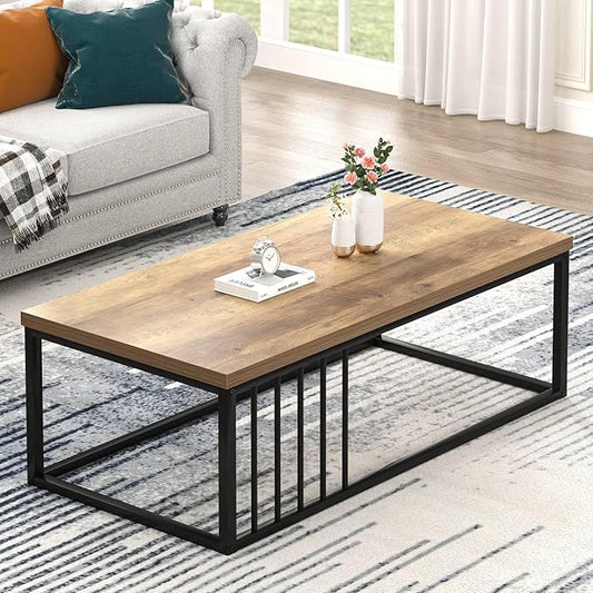 FOLUBAN Modern Coffee Table, Minimalist Wood and Metal Center Table for Living Room, Rustic Oak, 43.3 Inch