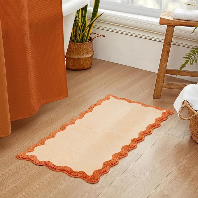 MONDAY MOOSE Bath Mat with Scalloped Wavy Ripple Design, Microfiber Absorbent Non Slip Tufted Rug for Floor, Shower or Kitchen (24x47 inch, Orange)