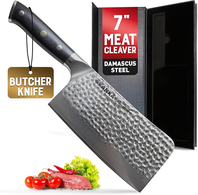 KANKA Grill 7" Damascus Steel Meat Cleaver Knife - Heavy Duty Butcher, Chopper, Razor Sharp, 67 Layers, G10 Black Fiberglass Handle, High Carbon Blade for Meat, Vegetables & Bone Cutting
