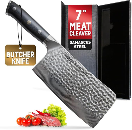 KANKA Grill 7" Damascus Steel Meat Cleaver Knife - Heavy Duty Butcher, Chopper, Razor Sharp, 67 Layers, G10 Black Fiberglass Handle, High Carbon Blade for Meat, Vegetables & Bone Cutting