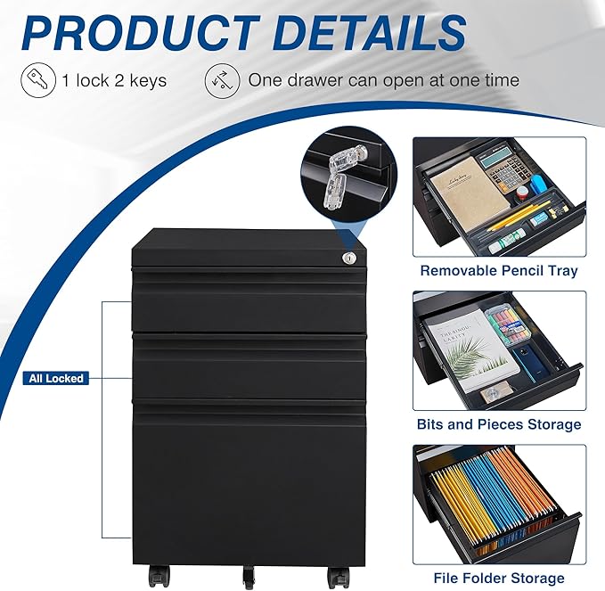 3 Drawer Mobile Metal File Cabinet, Black Filling Cabinets with Lock, Pre-Built Office Storage File Cabinet with Wheels Under Desk - Assembled Required