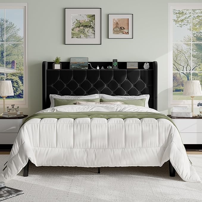 SHA CERLIN Queen Size Platform Bed Frame with Charging Station, Velvet Wingback Headboard with Storage Shelf, Wooden Slats Support, Ample Under-Bed Space, No Box Spring Needed, Easy Assembly, Black
