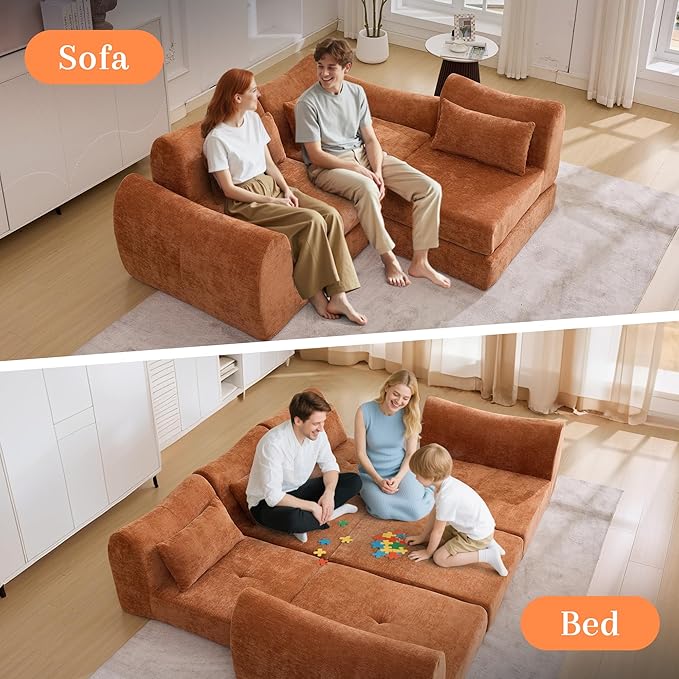 MAXMAXX 102" Cloud Sofa, 4-in-1 Folding Sofa Bed, Floor-Standing Boneless Couch, Futon Sofa Bed for Living Room, Bedroom and Entertainment Room(Orange)