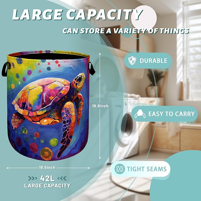 Colorful Sea Turtle Laundry Basket Foldable With Handles Tote Bag Oxford Cloth Cute Turtles Laundry Hamper 18.9" x 16.5" Clothes Storage Bucket Toy Organizer For Bathroom/Laundry/Bedroom