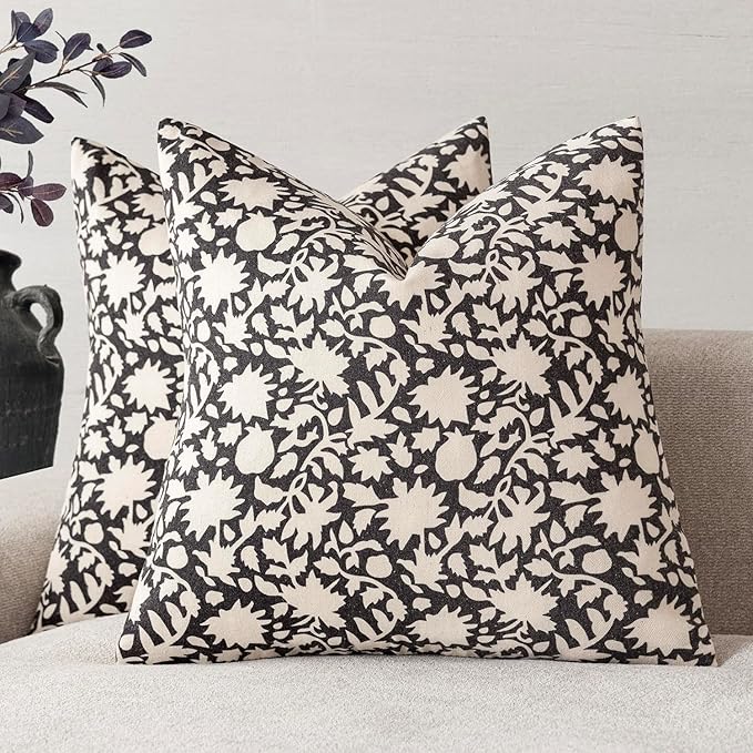 Foindtower Set of 2 Decorative Neutral Floral Throw Pillow Covers Accent Farmhouse Cushion Covers Boho Vintage Pillowcase for Couch Sofa Bedroom Living Room Home Decor Outdoor20×20 Inch,Black