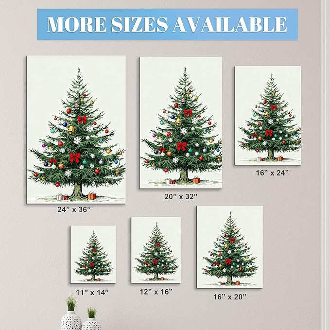 Framed Christmas Pictures Wall Decor,Vintage Pine Tree Prints,Winter Christmas Canvas Wall Art Decoration for Bedroom Bathroom Living Room Rustic Xmas Holiday Gifts (Christmas Tree 8, 24'' X 36'')