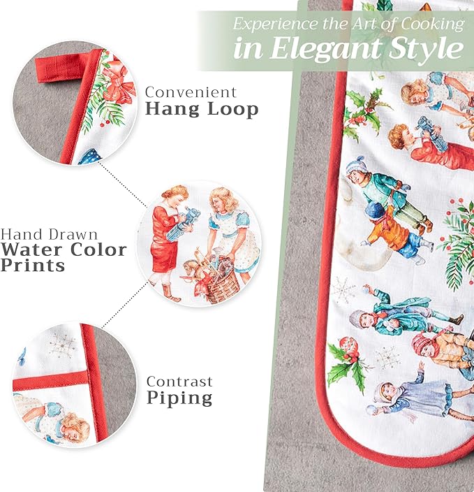 Maison d' Hermine Double Oven Mitt (7" x 35") 100% Cotton Heat Resistant BBQ Cooking Gloves with Loop for Thanksgiving Christmas Decorations Baking Cooking Barbeque Handling Hot Pan (Chromo)