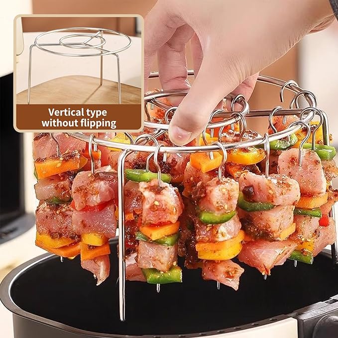 2025 New Air Fryer Grill Skewer Rack, Stainless Steel BBQ Kabob Set, 30 Vertical Meat Skewers with Round Hanging (1)