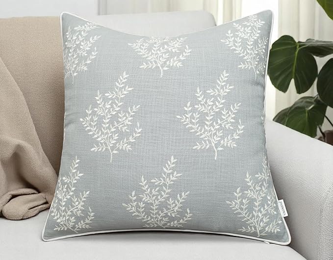 VAGMINE Embroidered Leaves Throw Pillow Cover - 20x20 Inches Square - 100% Cotton Robins Egg Cushion Cover - Textured Embroidery - Chic Coastal Home Accent for Sofa, Lounge, Farmhouse Decor