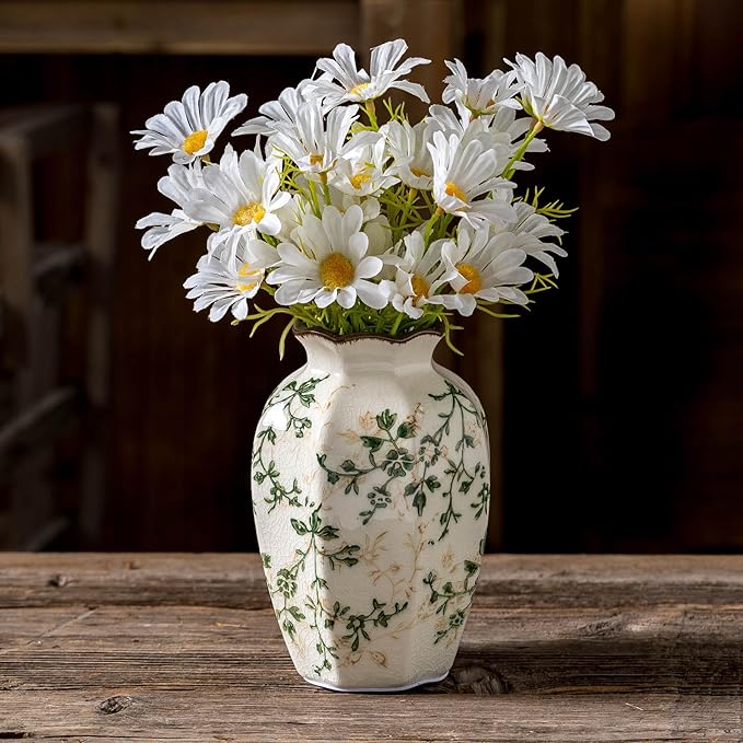 Vintage Pastoral Octagonal Vase, Green and Beige Retro Ceramic Flower Vases, Rustic Farmhouse Vases Chinoiserie Floral Small Vase for Home Decor, Living Room, Kitchen, Bedroom and Shelf 6.7 Inch