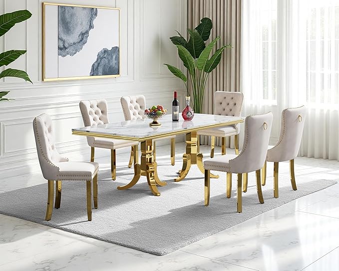 70" Faux Marble Dining Table Set for 6, 7-Piece Dining Set with White Gold Kitchen Table and 6 Velvet Tufted Chairs, Modern Rectangular Dining Room Table with American-Shape Stainless Steel Base
