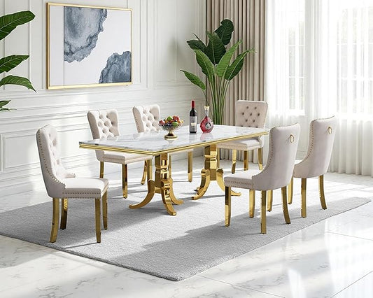 70" Faux Marble Dining Table Set for 6, 7-Piece Dining Set with White Gold Kitchen Table and 6 Velvet Tufted Chairs, Modern Rectangular Dining Room Table with American-Shape Stainless Steel Base