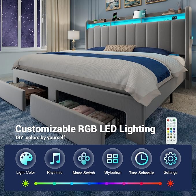 Allewie Velvet Vertical Tufted King Size Upholstered Platform Bed Frame with 2-Tier LED Storage Headboard & 2 Storage Drawers, USB & Type-C Charging Ports, Noise-Free/No Box Spring Needed, Grey