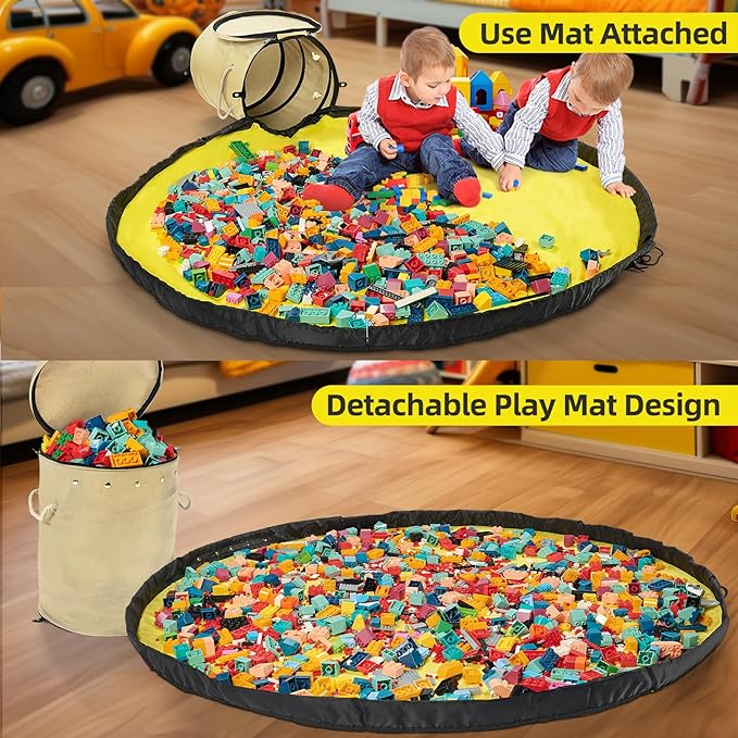 Toy Storage Basket with Slide and Large Play Mat for Boys and Girls Building Blocks Organizer, Foldable Fabric Storage Container Basket Bin Kids Toy Box with Rug for Boy Playroom Organization