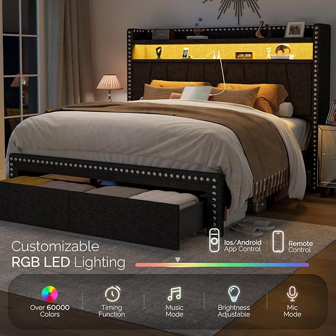 Full Size Bed Frame with Storage Headboard and Drawers Modern Rivets Upholstered Bed Frame with LED Charging Station Full Bedframe No Box Spring Needed