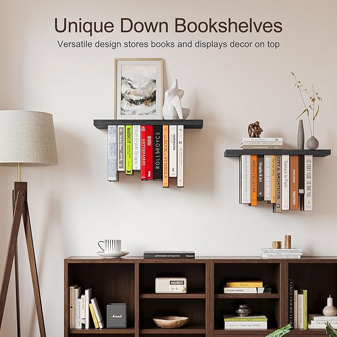 Floating Bookshelves for Wall, Rustic Wood Hanging Wall Bookshelf, Upside Down Book Shelf and Wall Mounted Bookshelves for Home Decor in Bedroom, Living Room, Black 2 Pack