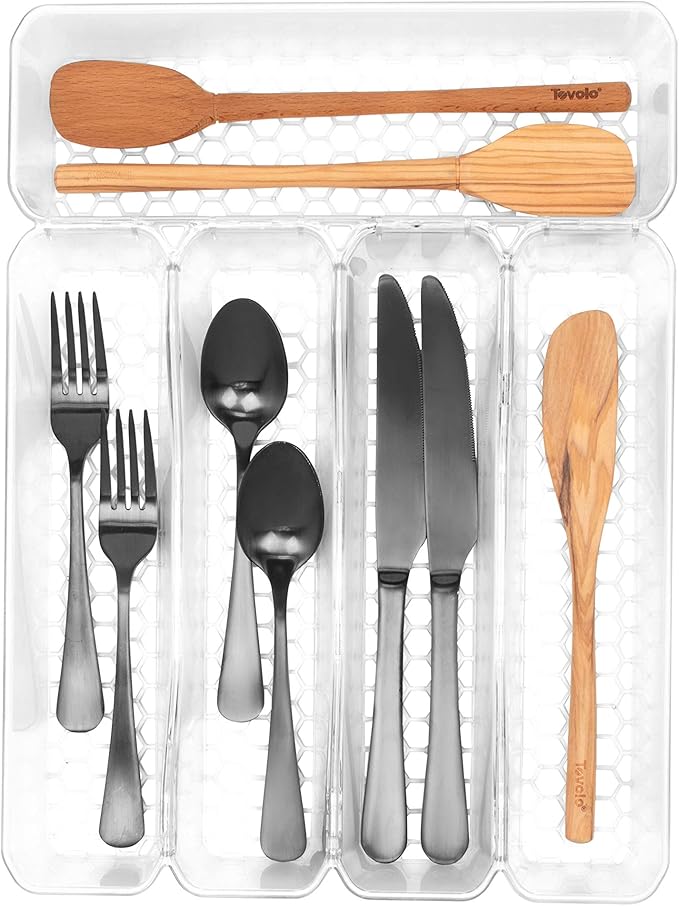 Spectrum Diversified Hexa Drawer Organizer Tray Modern Kitchen Cutlery, Utensil, Silverware Holder Caddy, 5 Dividers Cabinet Storage, 10 x 13, Clear Frost