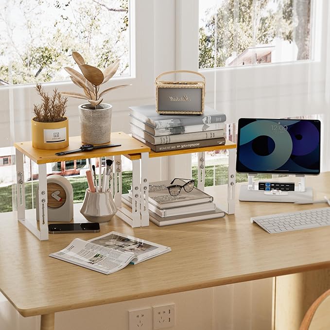 Expandable Kitchen Cabinet Organizer Shelves – Stackable Adjustable Metal and Wood Storage Racks for Countertop, Pantry, Garage Set of 2 Spice Rack – Easy Assembly, Space-Saving(1 Pack/Large/White)