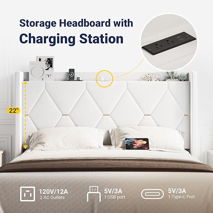 Allewie Velvet Queen Upholstered Bed Frame with Wingback Storage Headboard & Charging Station, Platform Bed with Diamond Tufted Design & Gold Trim, No Box Spring Needed, Easy Assembly, White