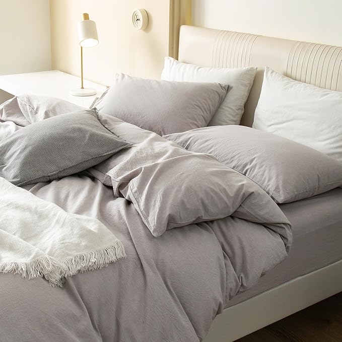 JIYUAN 100% Washed Cotton Duvet Cover Set 3 Pieces Super King, 1 Duvet Cover 108x98 Inches(Comforter Not Included) and 2 Pillowcases,Linen Feel Bedding Set Comfy and Breathable, Heathered Linen