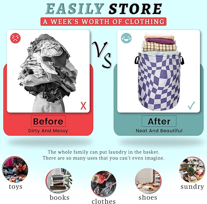 Purple Checkerboard Laundry Basket Foldable With Handles Tote Bag Oxford Cloth Colorful Plaid Laundry Hamper 18.9"x1 6.5" Clothes Storage Bucket Toy Organizer For Bathroom/Laundry/Bedroom