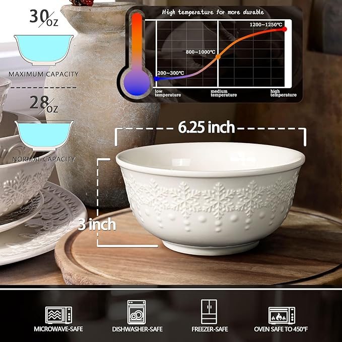 Cereal Bowls Set of 4 - Ceramic Soup Bowls for Kitchen 30 Oz Embossment White Breakfast Bowls for Rice, Pasta, Fruits, Salad, Ramen, 6.25 Inch, Dishwasher & Microwave Safe (Snowflake)