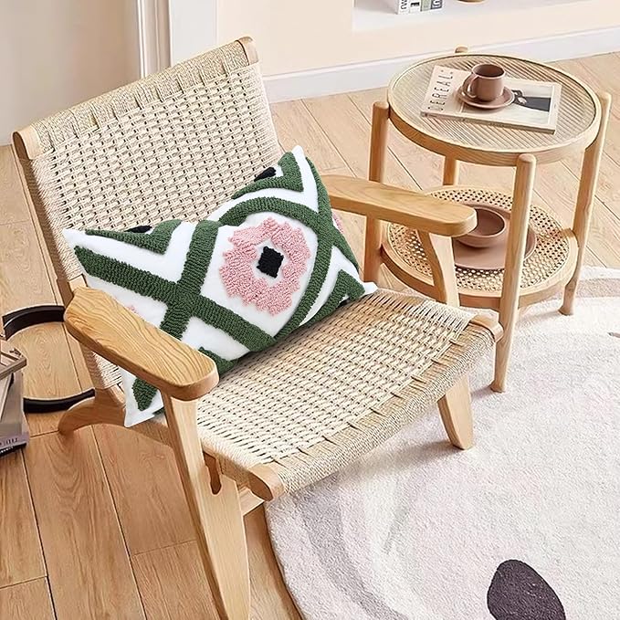 Boho Accent Lumbar Pillow Covers 12x20 - Tufted Abstract Modern Throw Pillow Covers, Farmhouse Decorative Pillowcase for Couch, Sofa, Bed, Living Room -Green Pink Black Geometric