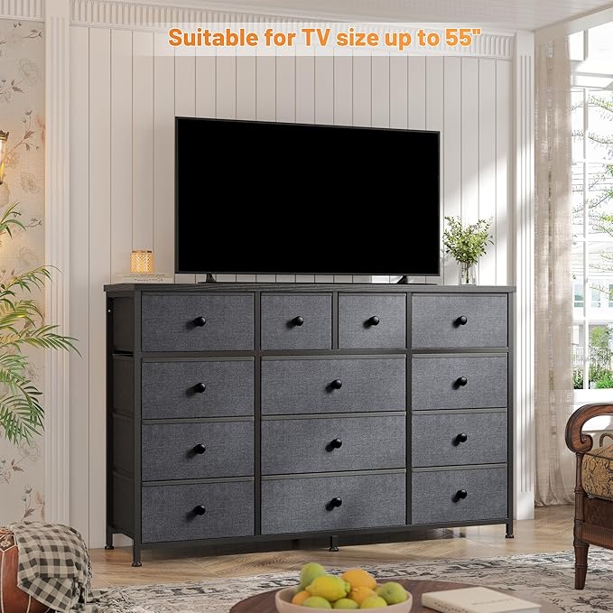 Grey Dresser with 13 Fabric Dresser，Tv Console for 40,50,55 inch, Entertainment Center, Storage Drawers for Living Room, Hallway, Entryway 47.2" Wx 33" H X 11.8" D