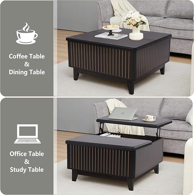 Lift Top Coffee Table, Square Coffee Table with Hidden Storage Compartment, Farmhouse Wood Center Table Dining Table for Living Room, Bedroom, Home Office (Black)