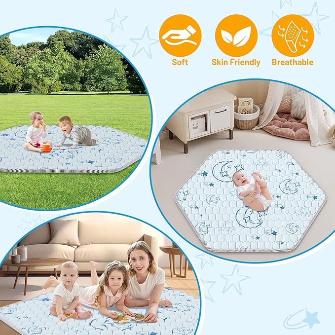 Hexagon Baby Play Mat 52x45in: Thick & Soft Cushioned Padded Hexagon Playpen Mat for Babies Toddlers & Infant - Non-Slip Silicon Dot Baby Crawling Mat - Foldable & Machine Washable Baby Floor Mat